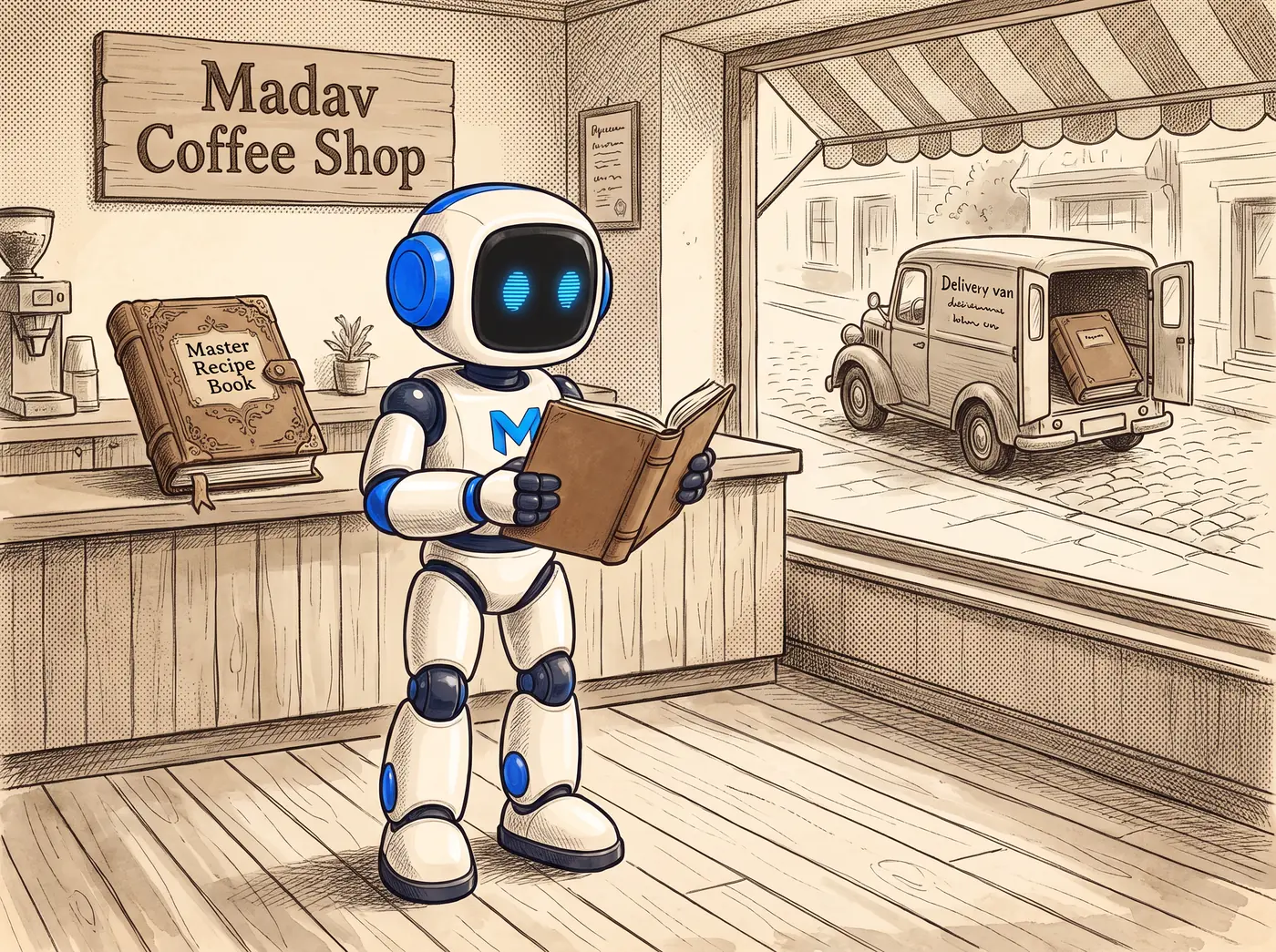 The Madav robot beside a coffee shop counter holding a plainly bound copy of a recipe book, with the master leather book on the counter and a van leaving for head office carrying a third copy