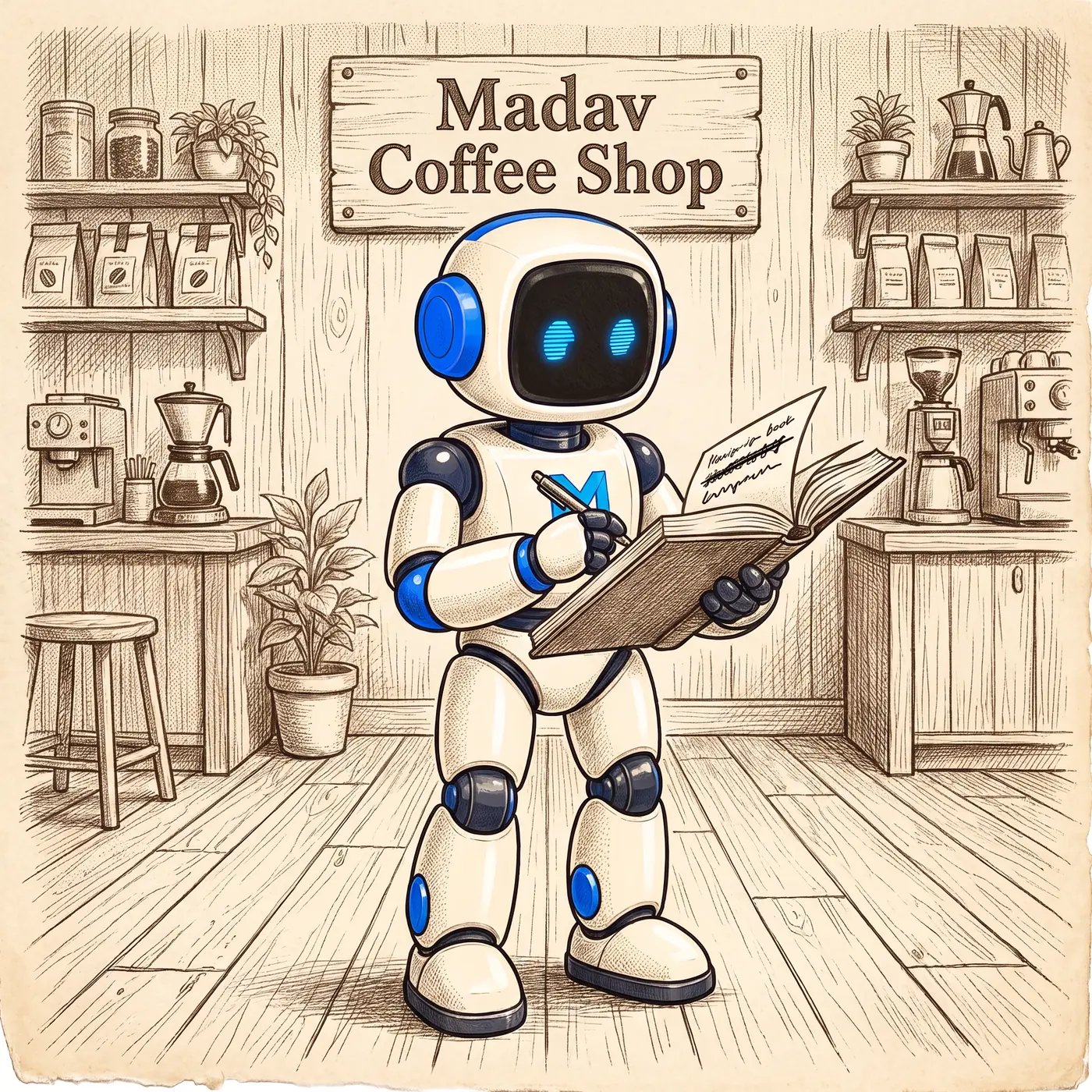 The Madav robot writing a dated note in the margin of a recipe book page beside a changed recipe, an old crossed out line above it