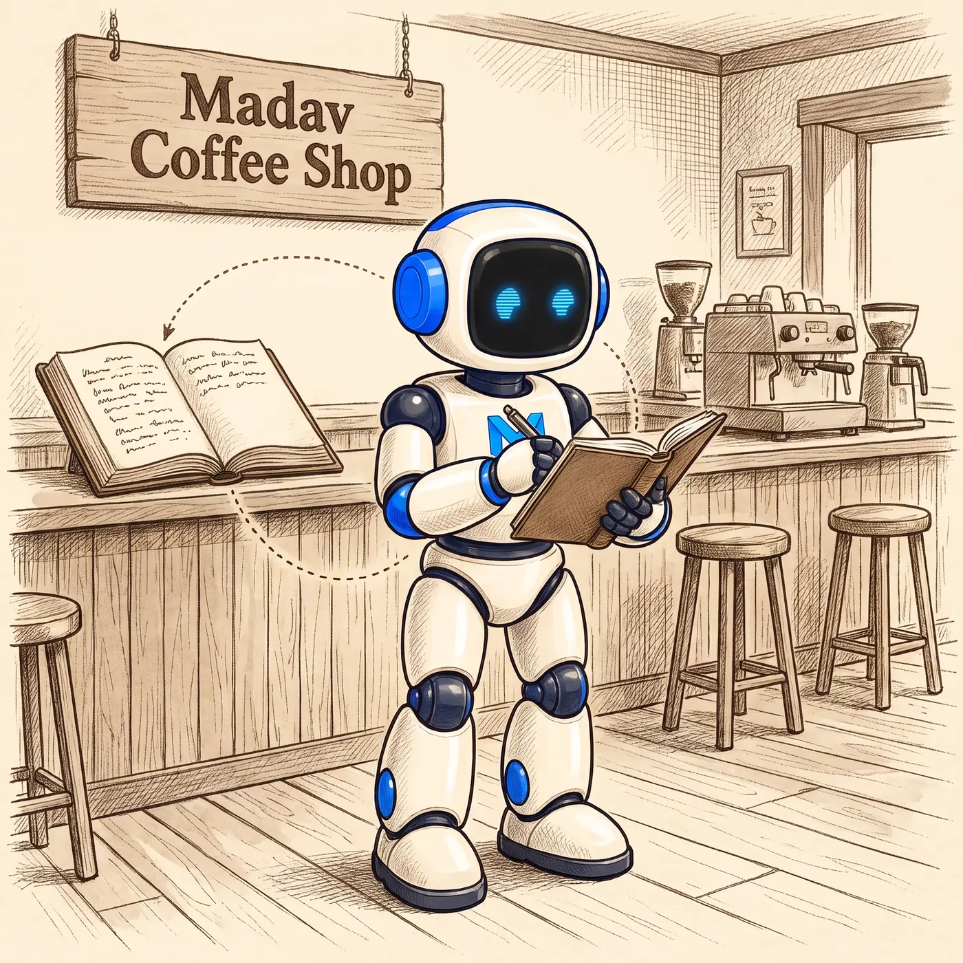 The Madav robot at a side table working on its own plainly bound copy of the recipe book while the master lies untouched on the counter and the shop keeps serving