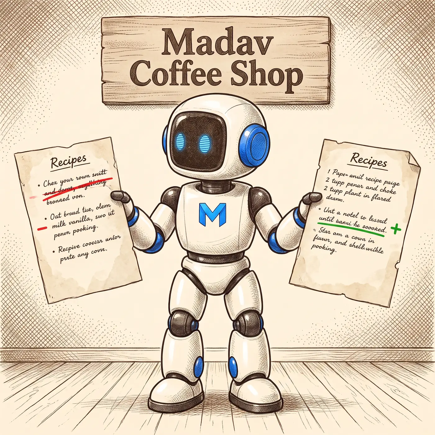 Two recipe pages laid side by side on the counter, the old one with a line struck through in red and the new one with the replacement written in green, the Madav robot pointing at the struck line