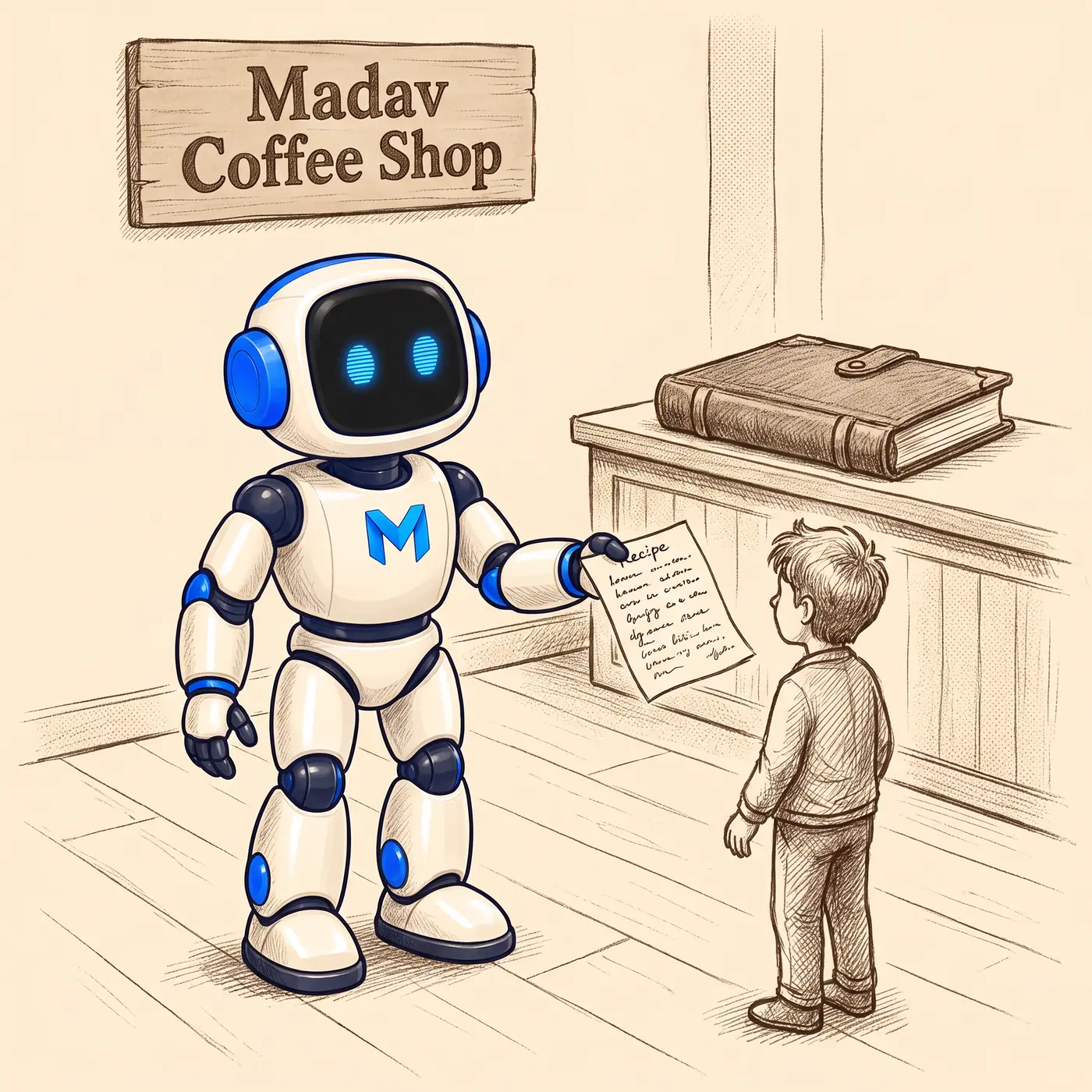 The Madav robot holding out a single recipe page across the counter toward a person, the master book closed beside them, a small tray of taste-test cups between
