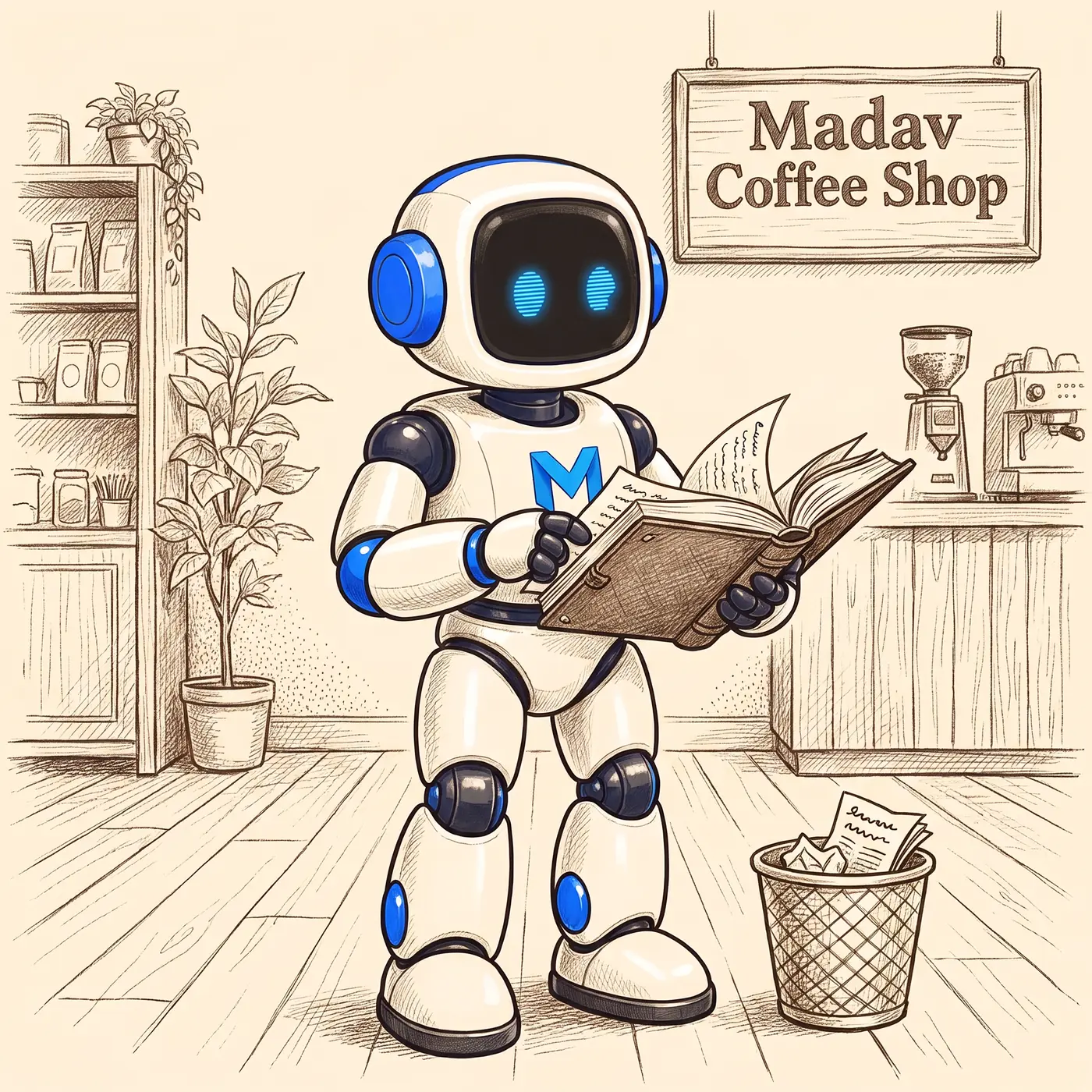 The Madav robot pasting an approved recipe page into the open master book on the counter while a van pulls away to carry the change to the other shops