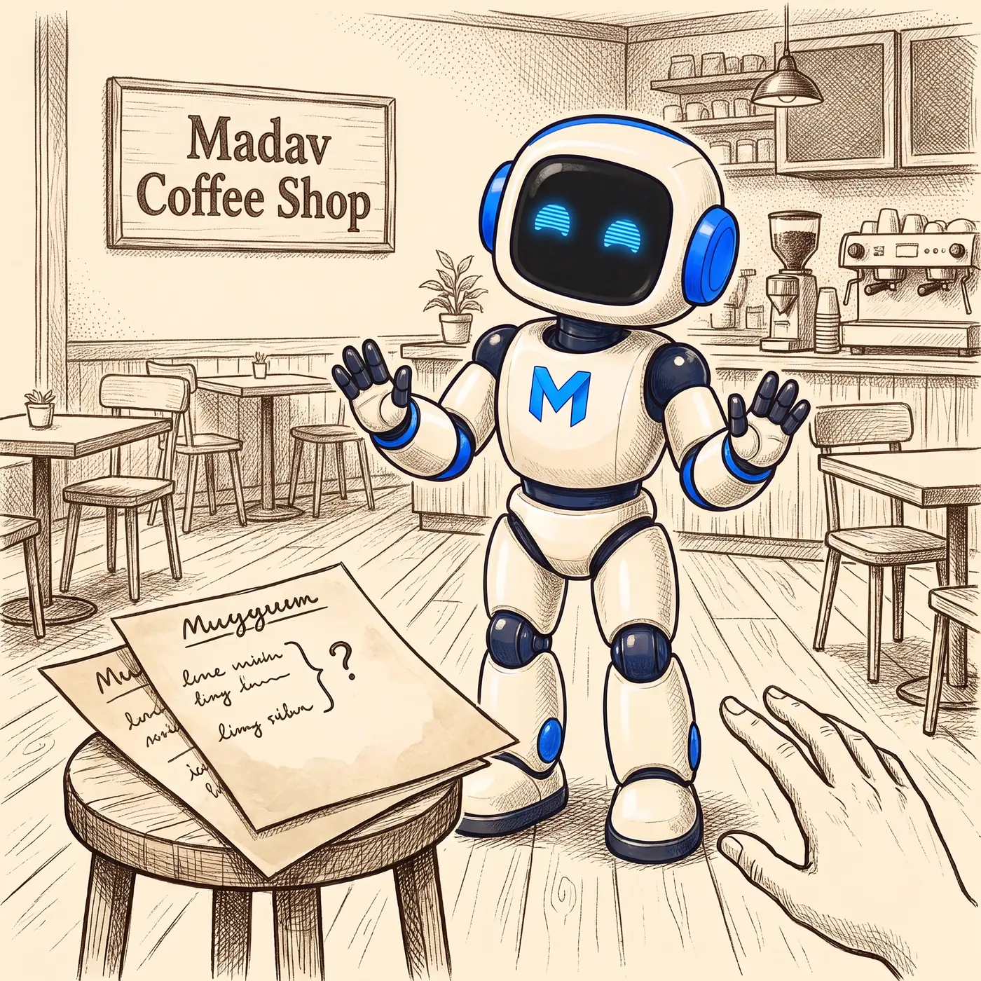 Two recipe pages for the same drink laid over each other on the counter, both rewriting the same line differently, the Madav robot stepping back with its hands open rather than choosing