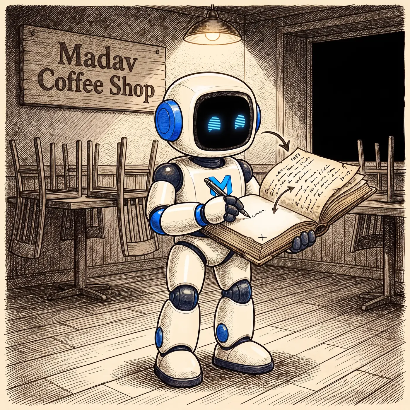 The Madav robot lifting an older dated recipe page from the back of the master book and copying it onto a fresh page at the front, the bad recipe still in place behind it