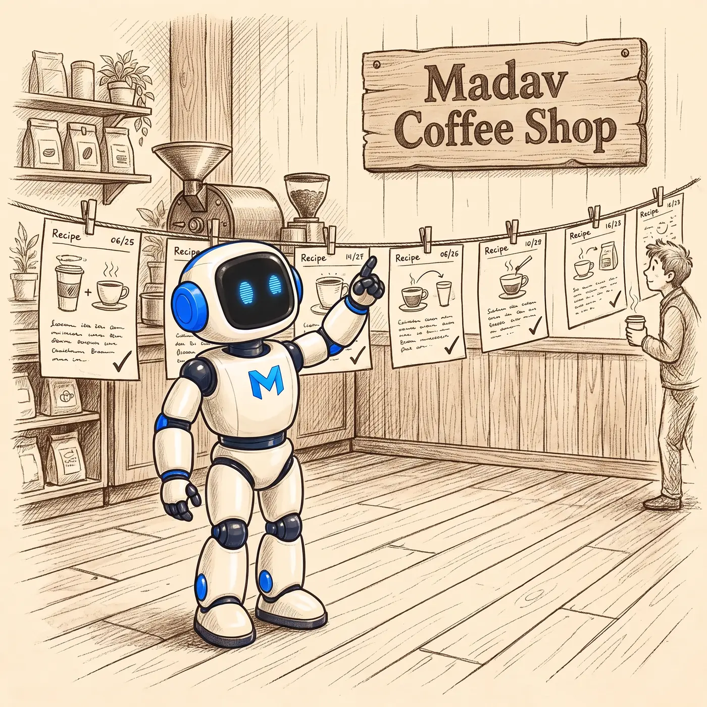 The Madav robot and a person looking together at a row of dated recipe pages pinned along the counter in order, each with a small note saying who asked and who approved