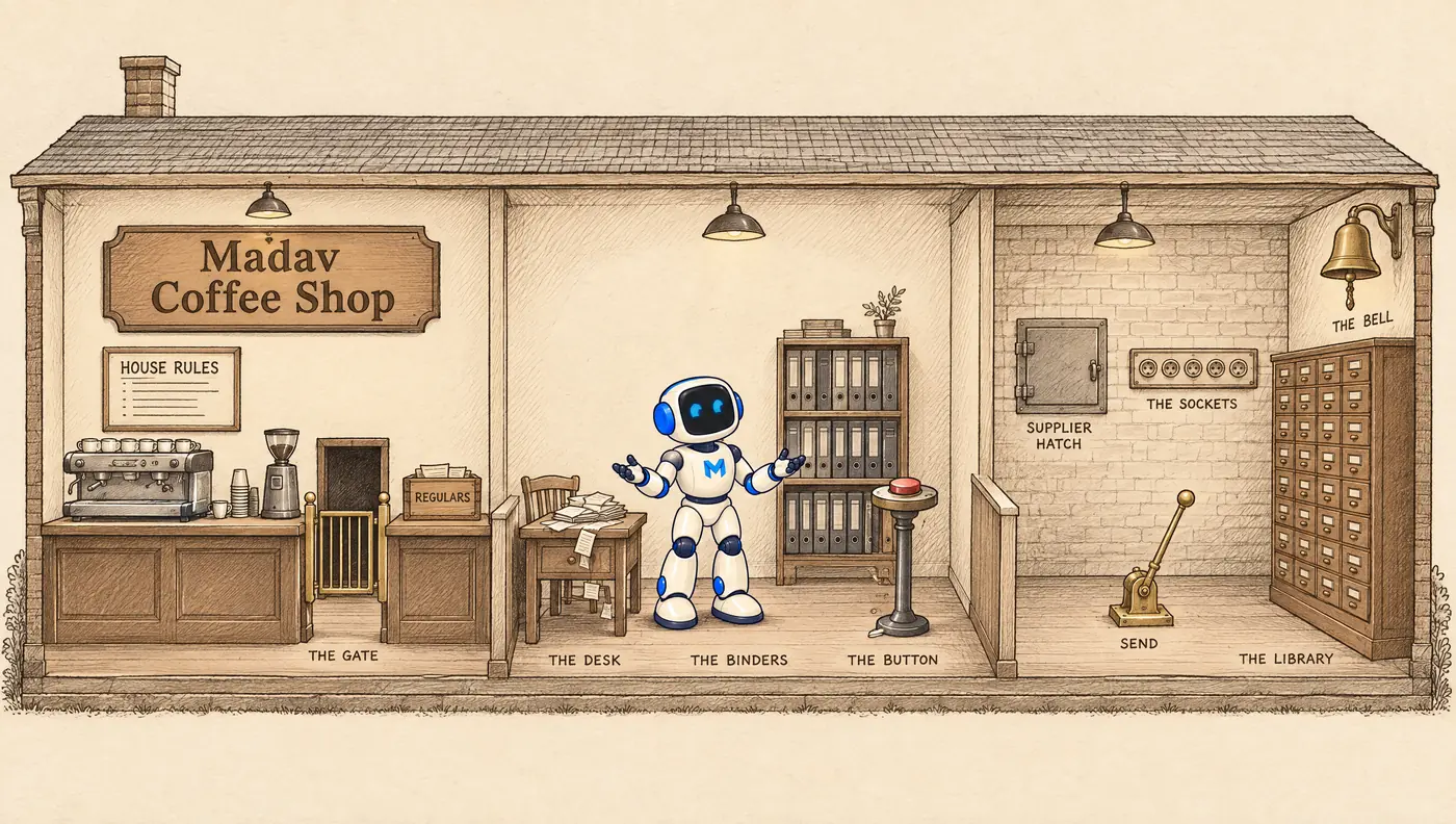 A cutaway drawing of Madav Coffee Shop with every object labelled: the gate, the desk, the binders, the button, the regulars card box, the supplier hatch, the sockets, the library, the SEND lever and the bell