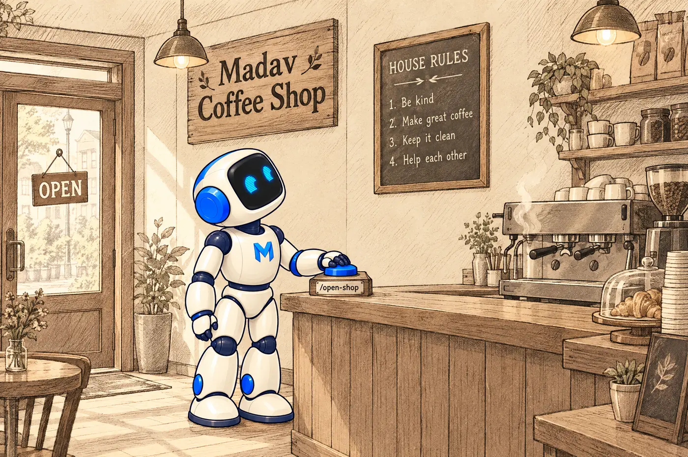 The Madav robot reading a HOUSE RULES board in the early morning, one hand on a button labelled slash open-shop, the door sign turned to Open