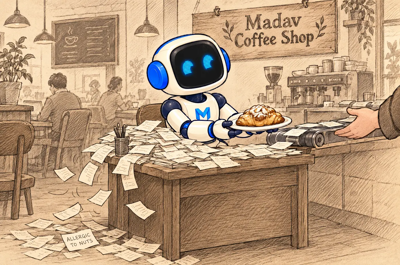 The Madav robot at a small desk buried in order slips, older slips sliding off the edge onto the floor where a note reads Allergic to nuts, while it offers an almond croissant
