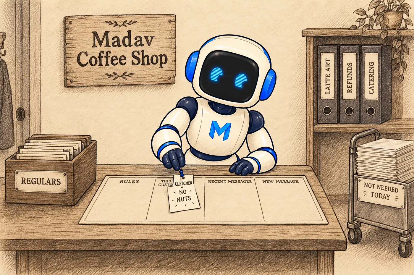 The Madav robot laying the same desk with a mat of four named slots and pinning a NO NUTS card into the second, beside a REGULARS card box and a shelf of labelled binders