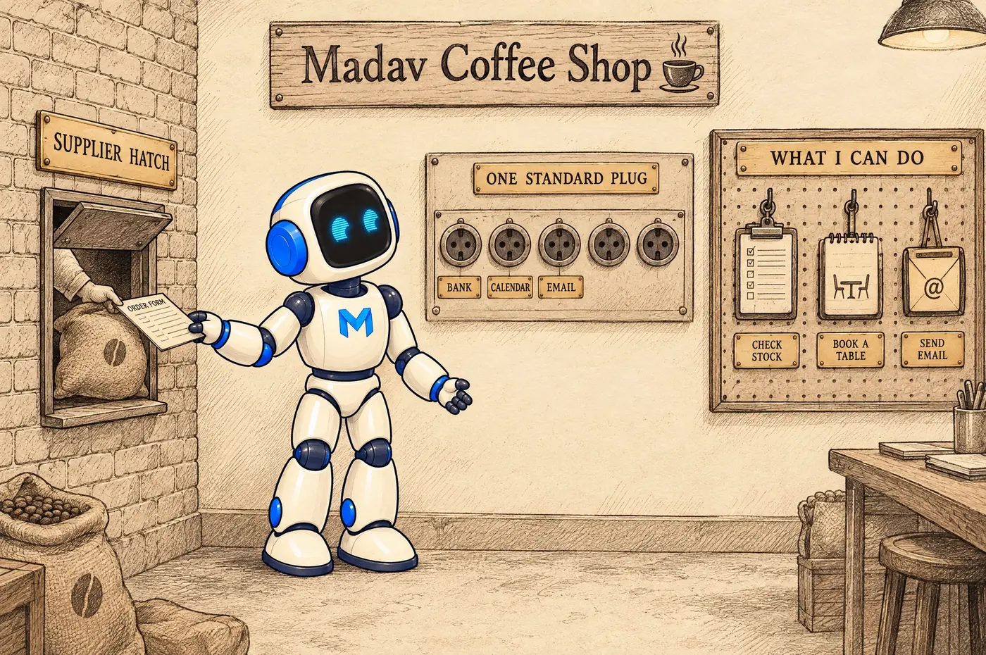 The Madav robot between a supplier hatch, a panel of five identical sockets and a pegboard of labelled instruments