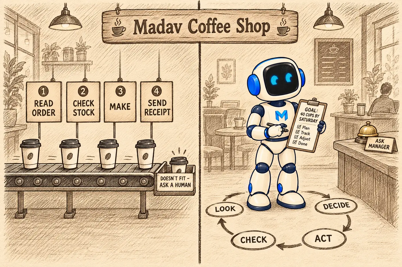 A conveyor of orders under four numbered station signs on one side, and on the other the Madav robot holding a goal card inside a loop marked Look, Decide, Act, Check