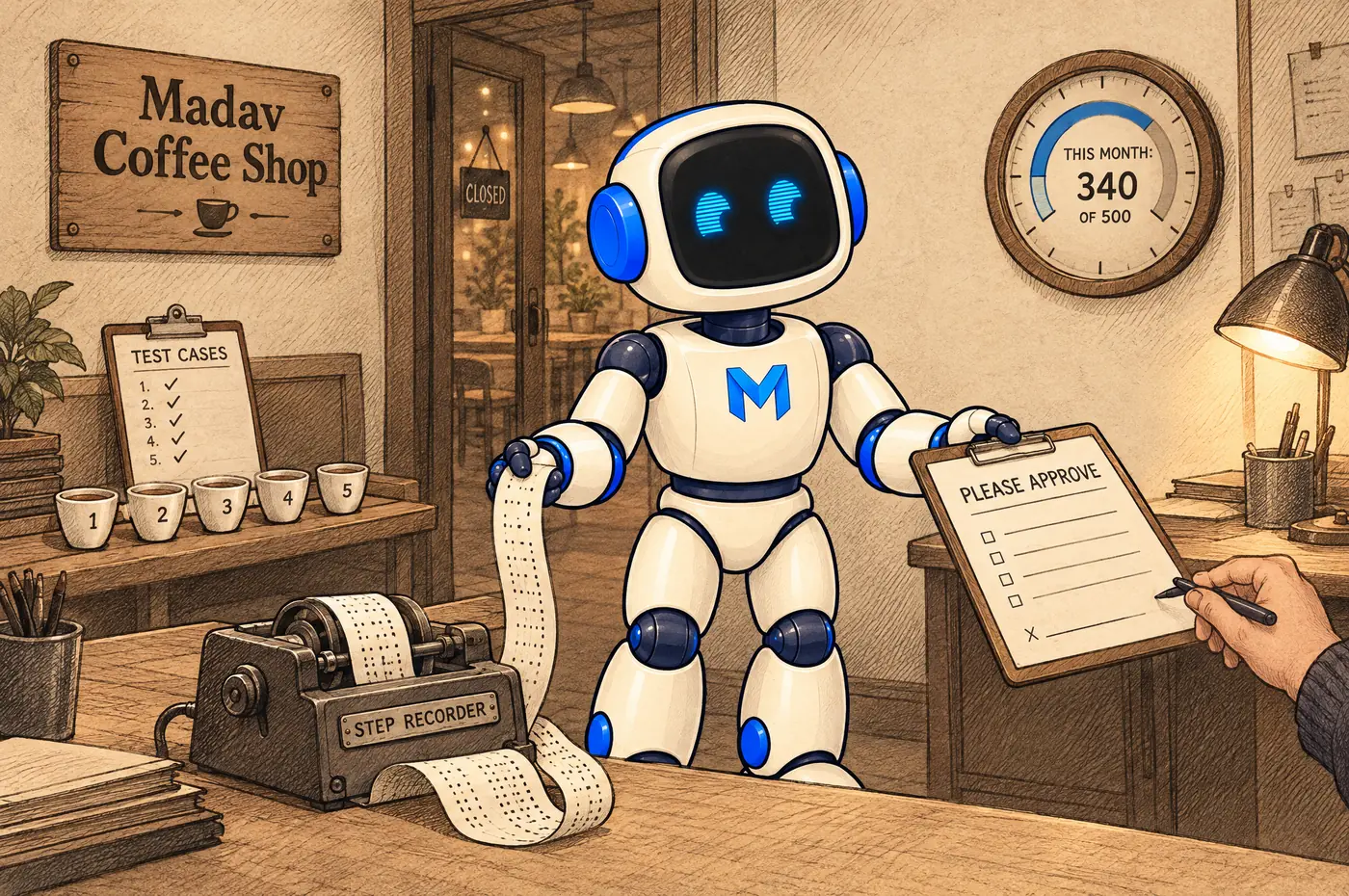 Evening in the back office: the Madav robot with a row of numbered tasting cups, a printed step-recorder tape, a meter reading This month 340 of 500, and a clipboard offered to a human hand